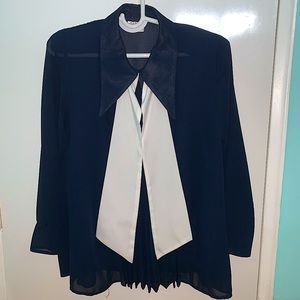 Navy Blue Pleated Women’s Blouse with White Statement Necktie
